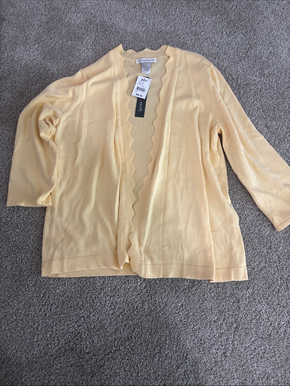Liz Claiborne Pale Yellow Scallop-Edge Open Cardigan
